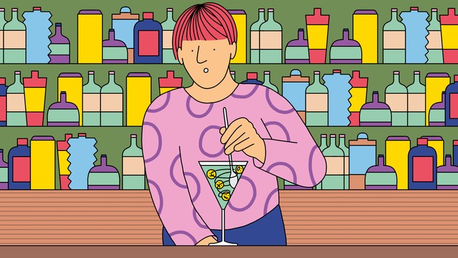 Illustration of a person mixing a martini of happy and sad faces in front of shelves of brightly colored bottles