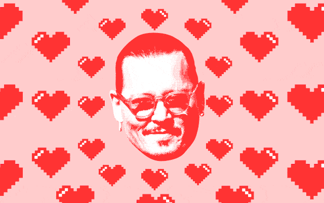 Animation of Johnny Depp's face with pixelated hearts flying out in all directions