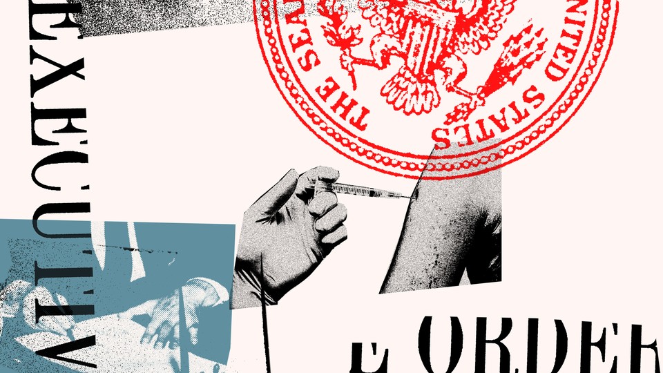 Illustration of the U.S. seal and a vaccine being injected into a person's arm
