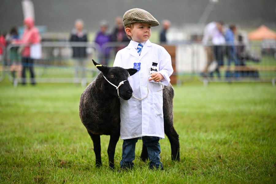A child wears a cap and a long white coat while standing next to a sheep.
