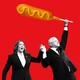 Collage of Kamala Harris and Tim Walz, who is holding a corn dog aloft