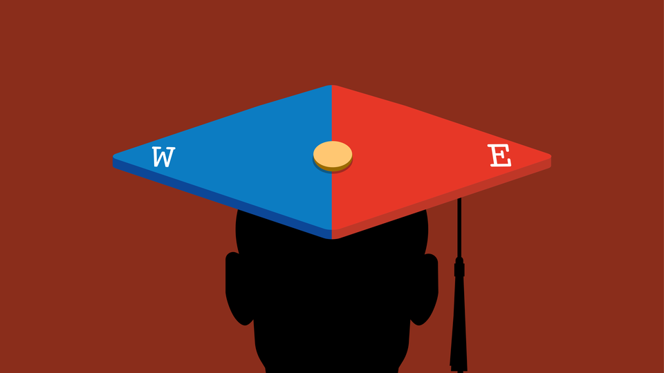 Illustration of a black silhouette wearing a graduation cap that has a blue and red top labeled “W” and “E” like a compass.