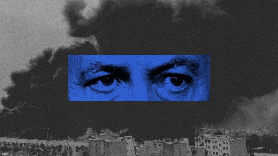 A blue rectangle with a close-up photo of Netanyahu's eyes is superimposed on a black-and-white shot of smoke rising over an Iranian city.