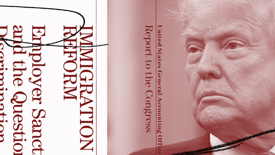 A collage of immigration-related documents and Donald Trump's face
