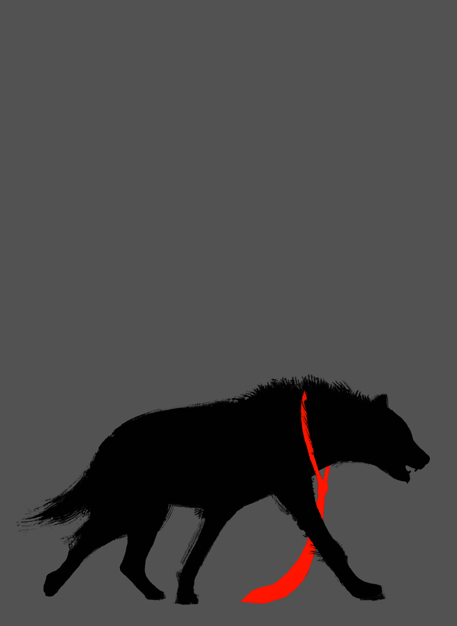 illustration with silhouette of a hyena stalking prey wearing long red business tie on gray background