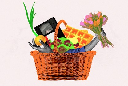 A basket that includes Shrek, an onion, a VHS tape, flowers and a waffle.