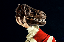 dinosaur skull held up by an arm