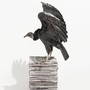 A dark-feathered vulture stands in profile, wings raised, on a stack of newspapers