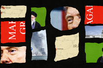 A collage of "Make America Great Again," Iran, Washington, Donald Trump, and Ali Khamenei