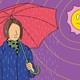 A woman being rained on from underneath an umbrella notices a happy, smiling sun