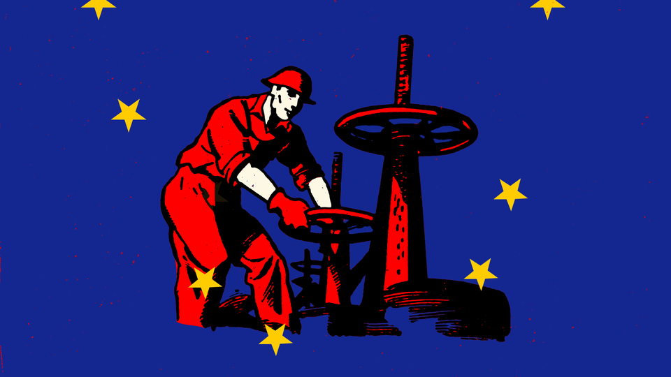 An illustration of a Soviet-style worker turning off a giant spigot