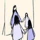 Drawing of a woman and a young girl with similar body shapes, both wearing purple dresses, holding hands in front of a mirror