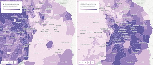 Maps of racial density in Washington show the city’s extreme segregation pattern.