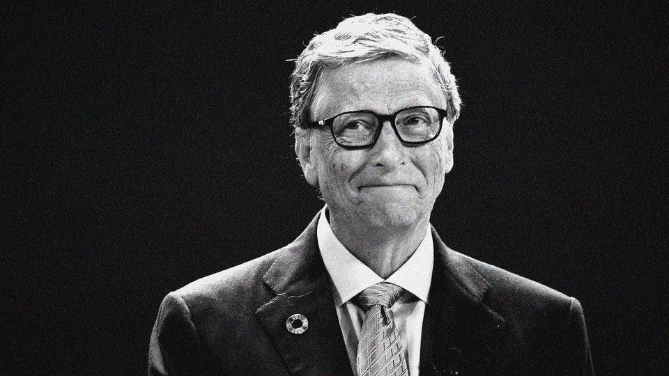 Bill Gates gazes ruefully at the camera in a black-and-white photo