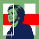 A red arrow behind Hillary Clinton points toward Kamala Harris