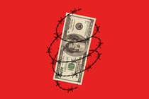 An illustration showing a $100 bill with barbed wire around it