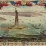 A lithograph created in 1884 depicts boats surrounding the Statue of Liberty in New York Harbor