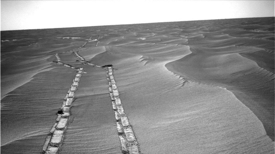 Tracks left behind by the Opportunity rover on Mars