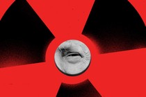 Donald Trump's eye in the middle of a nuclear symbol