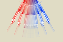 A vaccine syringe swings back and forth between red and blue.