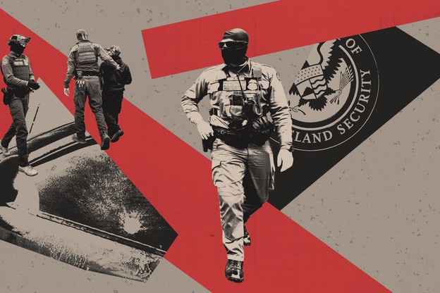 A photo illustration of immigration enforcement agents and the seal of the Department of Homeland Security