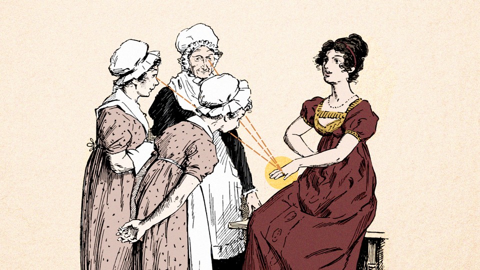 Illustration of three women admiring a fourth woman's ring