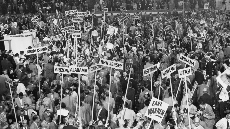 Voters clamor with signs showing their states at the Republican National Convention at 1952
