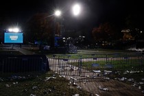 The site of an empty Kamala Harris rally after the event has ended