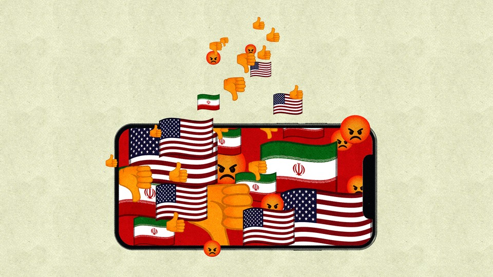 Illustration of the flags of the United States and Iran, and emojis