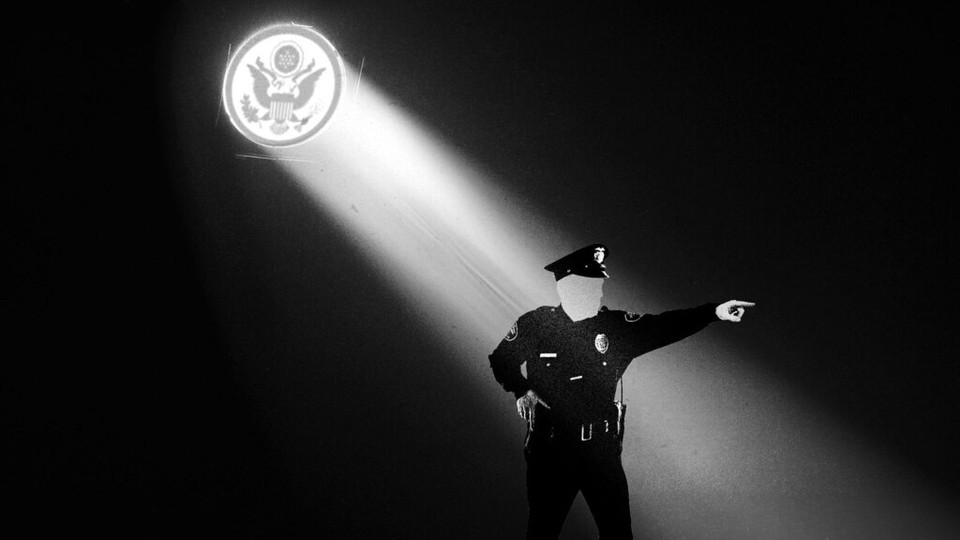 An illustration of a police officer with a spotlight on them.
