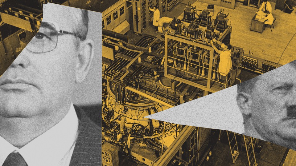 Collage of photos: a high-tech facility with white-coated scientists, Mikhail Gorbachev, Adolf Hitler