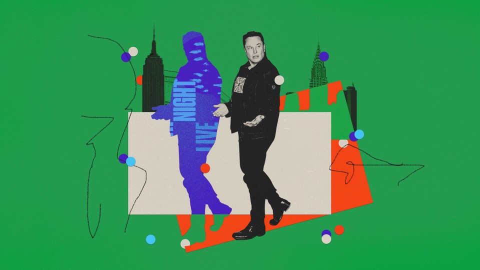 Elon Musk set against a background of New York City skyscrapers