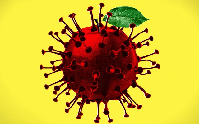 A closeup of the coronavirus with a leaf sticking out the top, like an apple