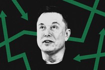 A black-and-white cut-out photograph of Musk's face against a background of green arrows chaotically pointing in every direction.