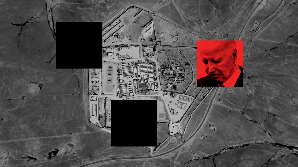 Collage of map of site where drone attack happened, picture of Biden, and two black squares