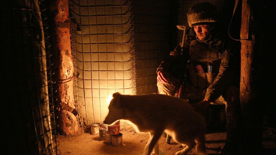 Ukrainian soldier in a bunker