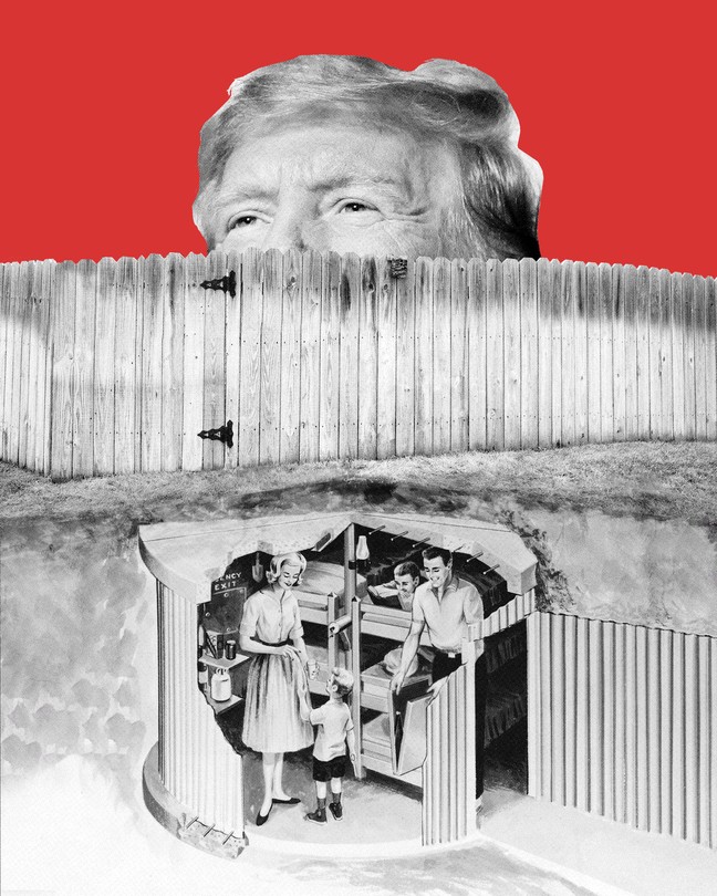 Collage of Donald Trump’s head peering over a wooden fence as a family hides in an underground bunker