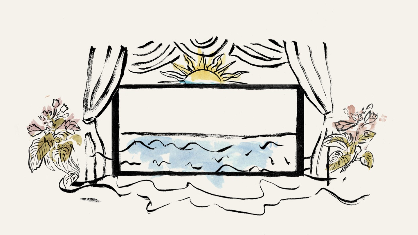 An illustration of a window open to the sea, with flowers on each side