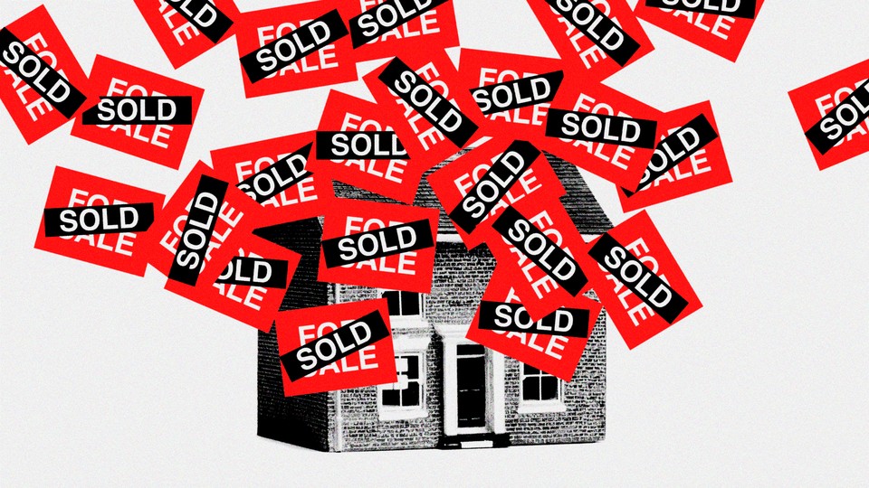 An illustration of a house covered in "Sold" signs