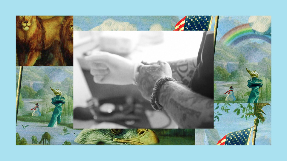 A black-and-white image of tattooed arms, originally from Jeffrey Young’s reality-TV pilot. That photo is set into a colorful collage of art from the podcast “The Experiment.”