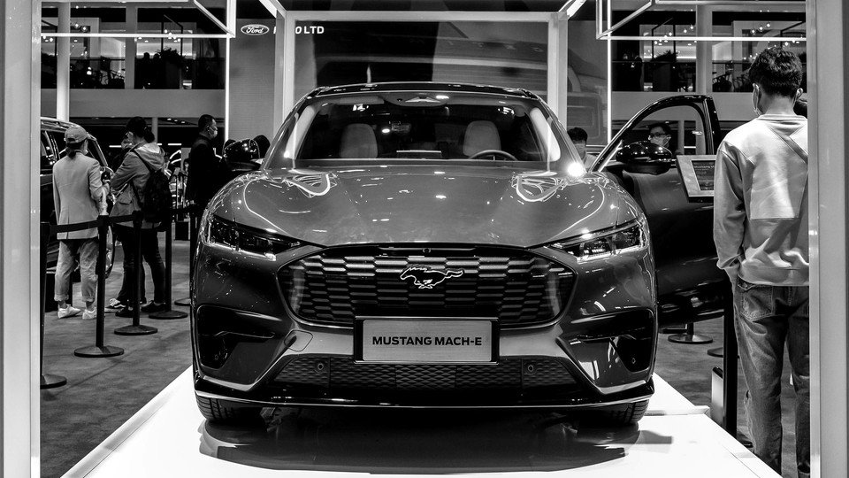 A Ford Mustang Mach-E sits at the Shanghai auto show.