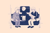 An older woman on the metro gently taps the foot of a child standing on the seat.