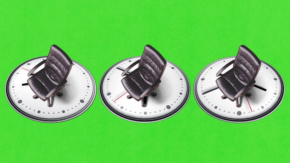 Three desk chairs sit atop three clocks, showing different times of productivity.