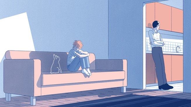 Illustration of a boy sitting with a ghost of his dog on the couch. His father stands in the kitchen and looks away.