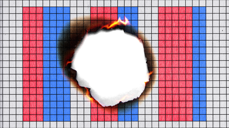 Illustration of a blue and white grid with a hole burning in the center