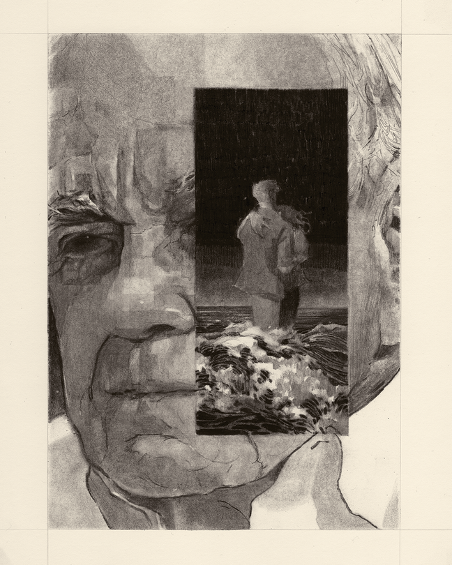 black-and-white sketch of Cormac McCarthy's face looking to one side with inset image of two people embracing in waves
