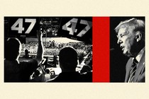 Collage showing picture of Donald Trump and picture of enthusiastic crowd in rally