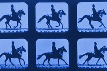 Old photos of a horse in motion.