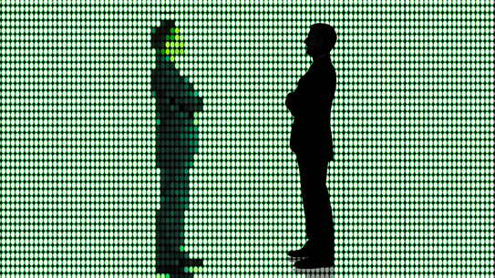 An illustration of a silhouette facing its pixelated double