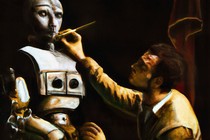 Illustration in an old painting style of a man building a robot